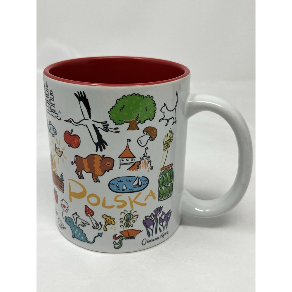 Polska Poland Souvenir Ceramic Coffee Mug - Doodle Art Red Glazed Interior 11 Oz